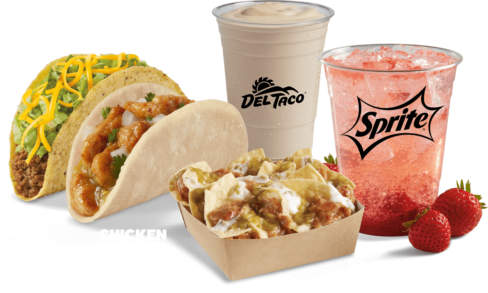 Featuring Snack Taco, Chicken Taco Al Carbon, 3 Layer Nachos, Mini Shakes, and Strawberry Sprite