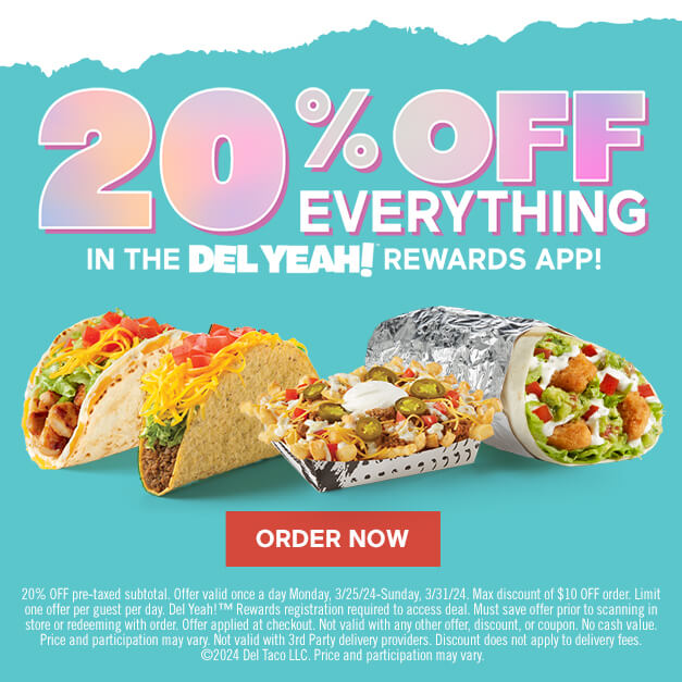 20% Off Everything in the Del Yeah! Rewards App. Click to Order Now.