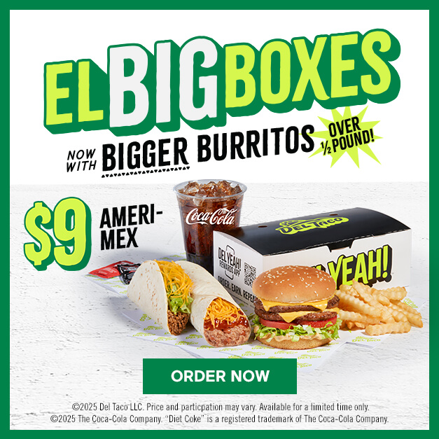 El Big Boxes Now With Bigger Burrito. $9 Ameri-Mex featuring Double Del Cheeseburger, Bean & Cheese Burrito, Snack Taco, Value Crinkle Cut Fries, and 16oz Drink. Click to Order Now.